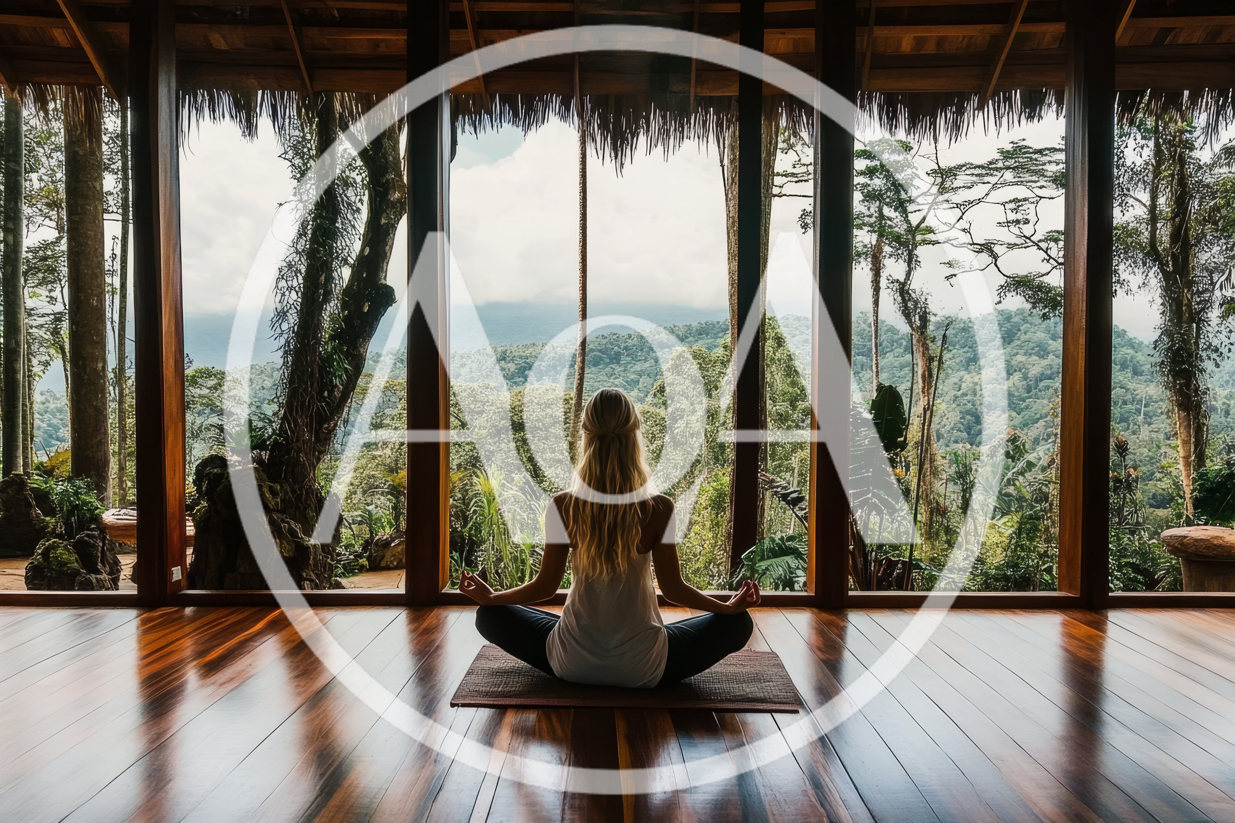 Woman Meditating In A Tropical Jungle Yoga Studio