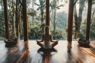 Woman Meditating In A Tropical Forest Yoga Studio