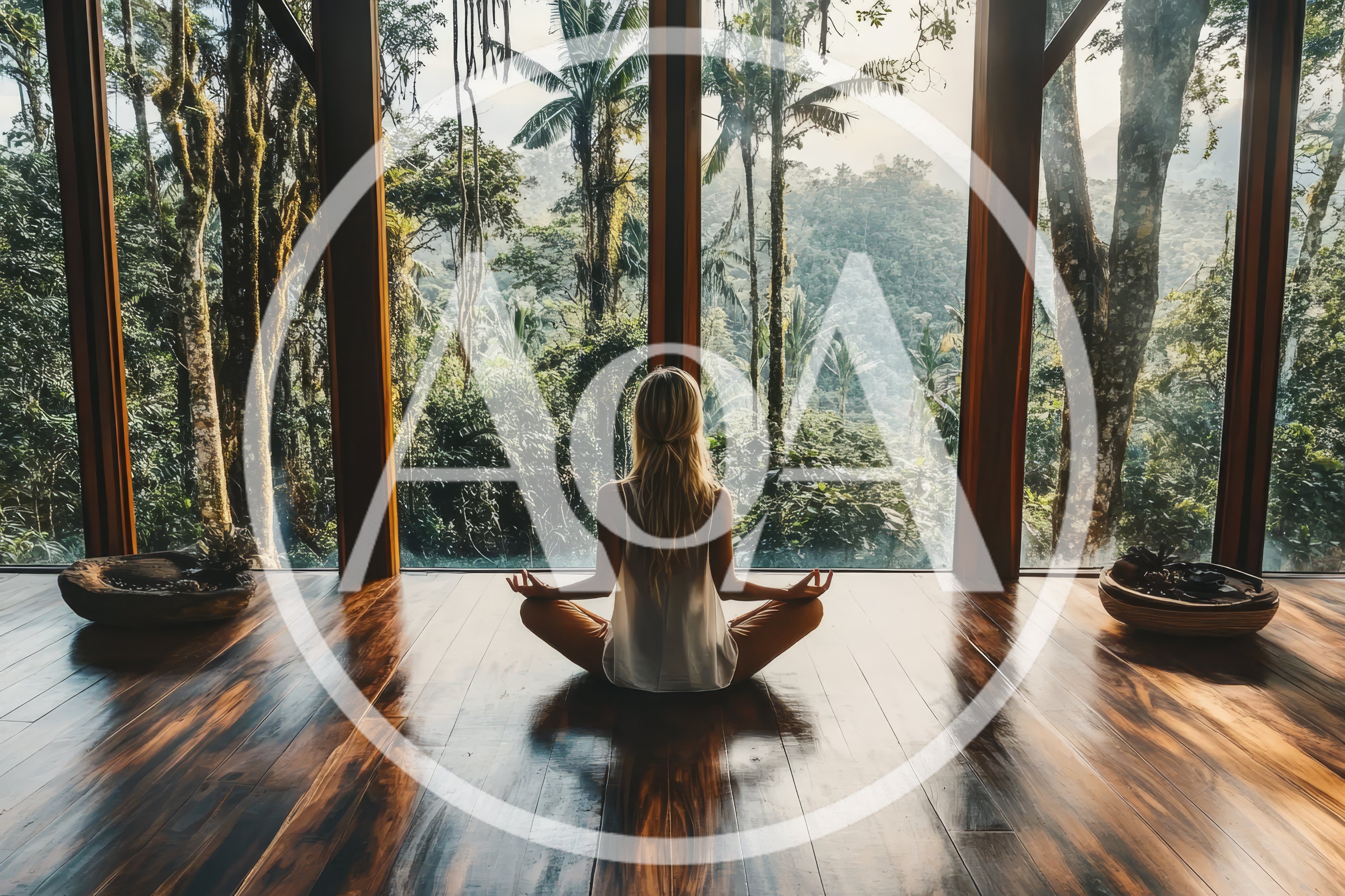 Woman Meditating In A Tropical Forest Yoga Studio