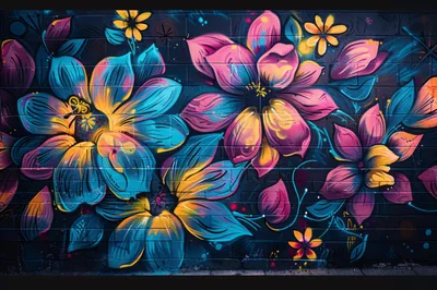 Vibrant Floral Graffiti Mural On Brick Wall