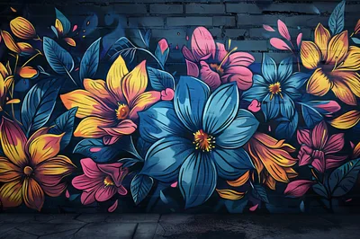 Vibrant Floral Graffiti Mural On Dark Brick Wall