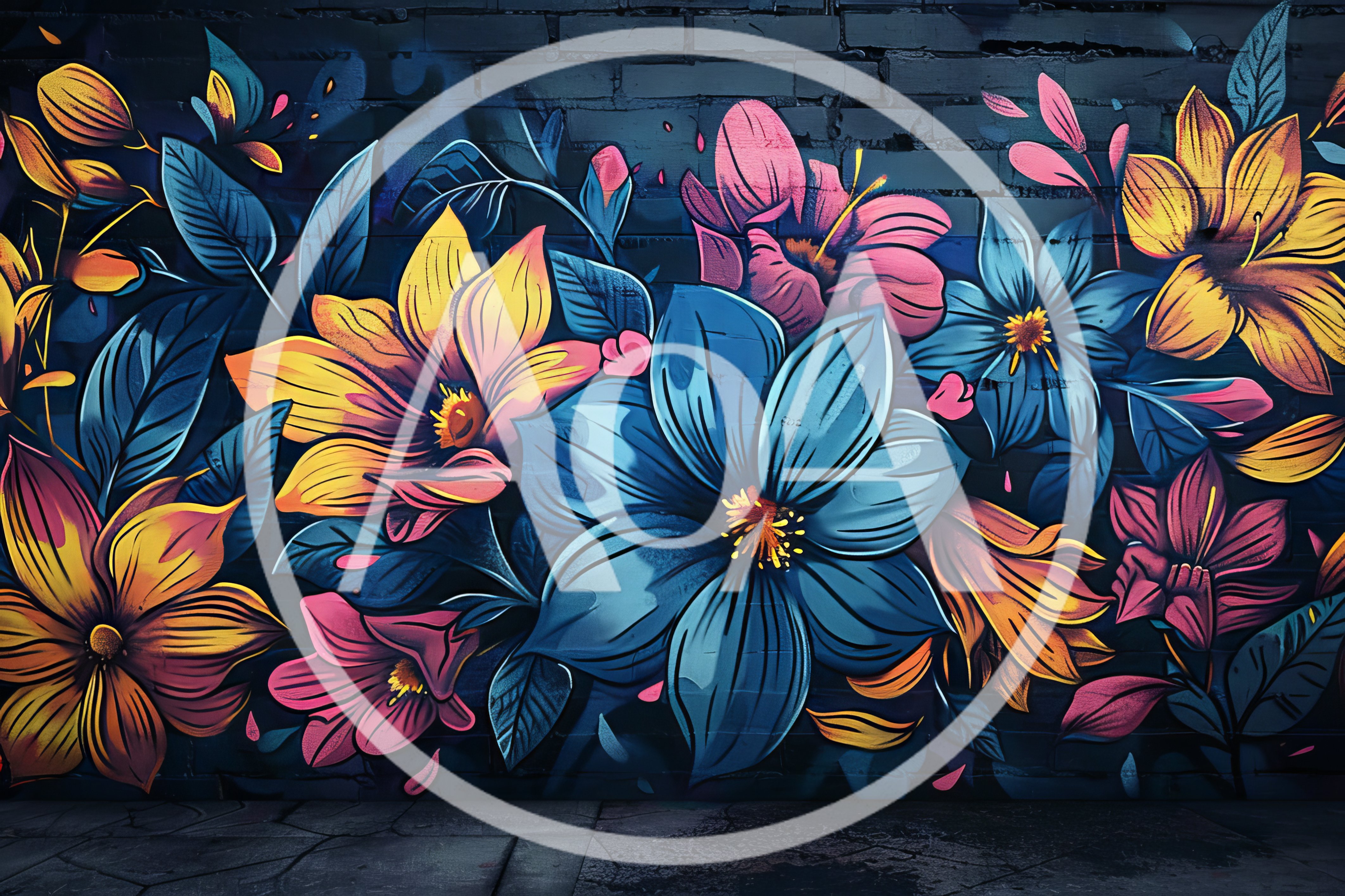 Vibrant Floral Graffiti Mural On Dark Brick Wall