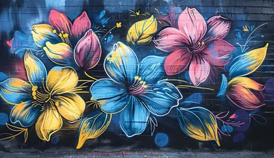 Vibrant Floral Graffiti Mural On Brick Wall