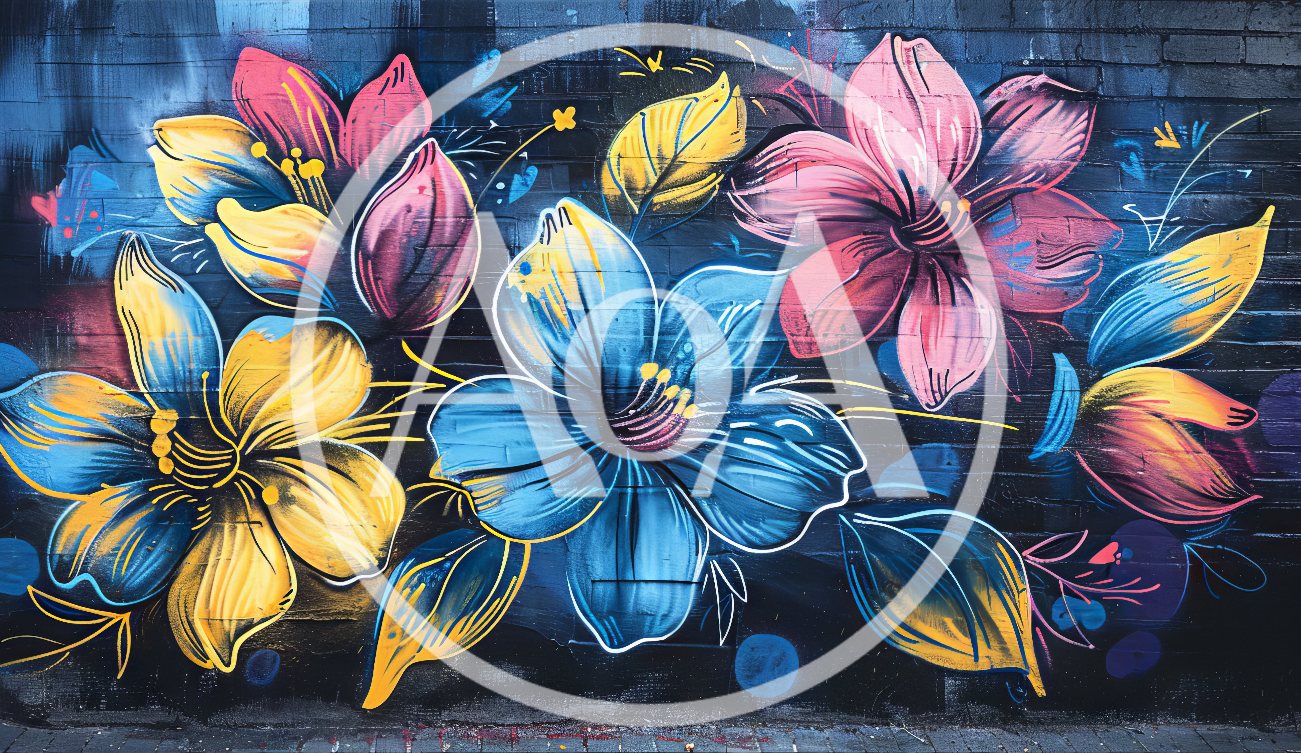 Vibrant Floral Graffiti Mural On Brick Wall