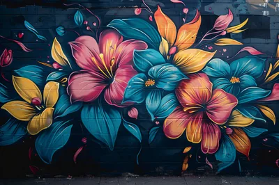 Vibrant Floral Graffiti Mural On Dark Wall