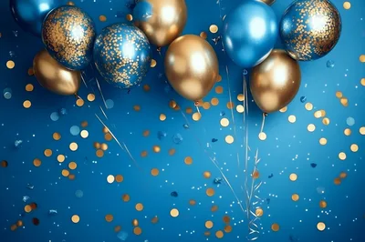 Blue and Gold Balloons with Confetti Background