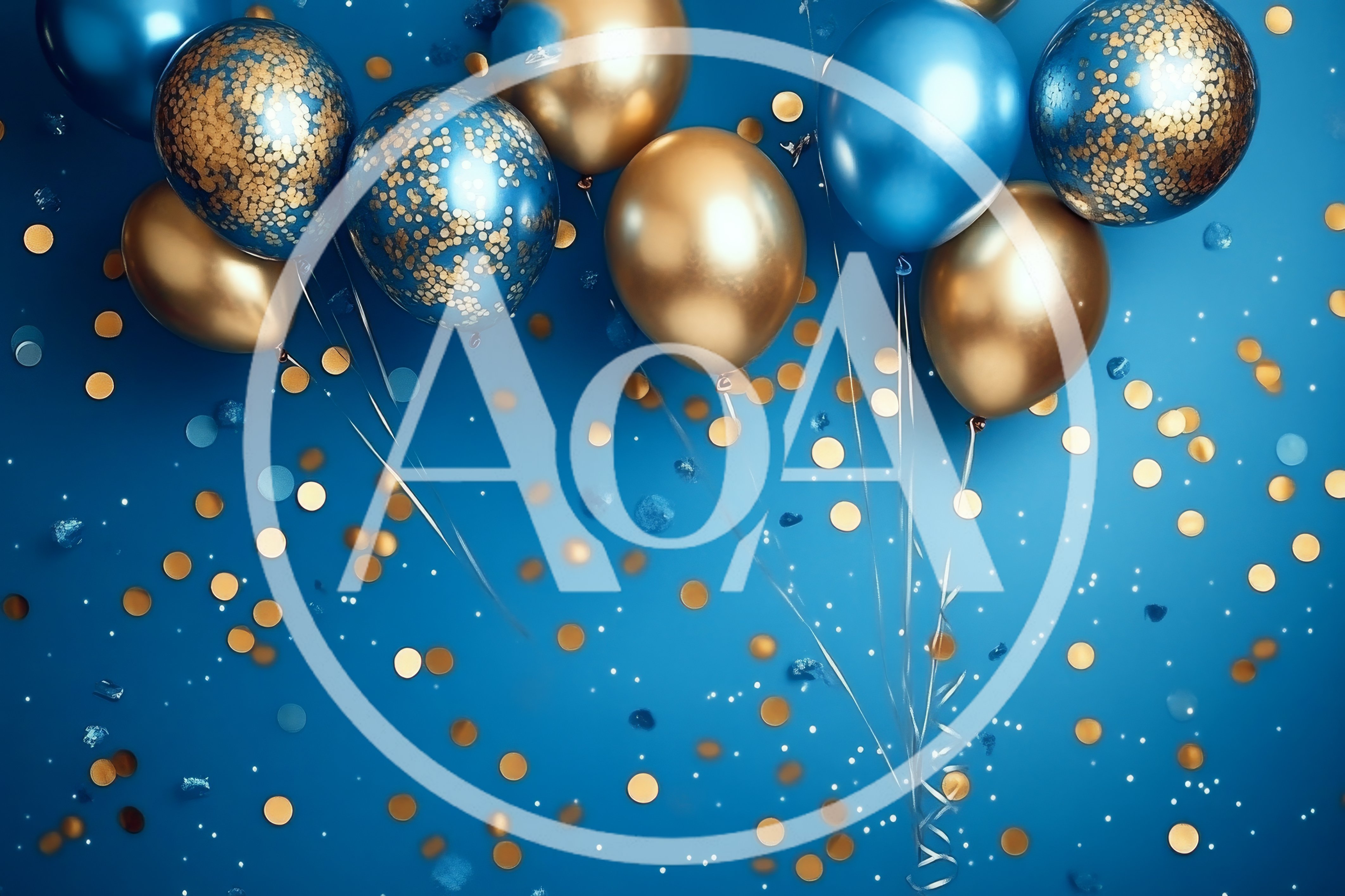 Blue and Gold Balloons with Confetti Background