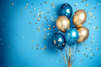 Blue and Gold Balloons with Confetti on Blue Background