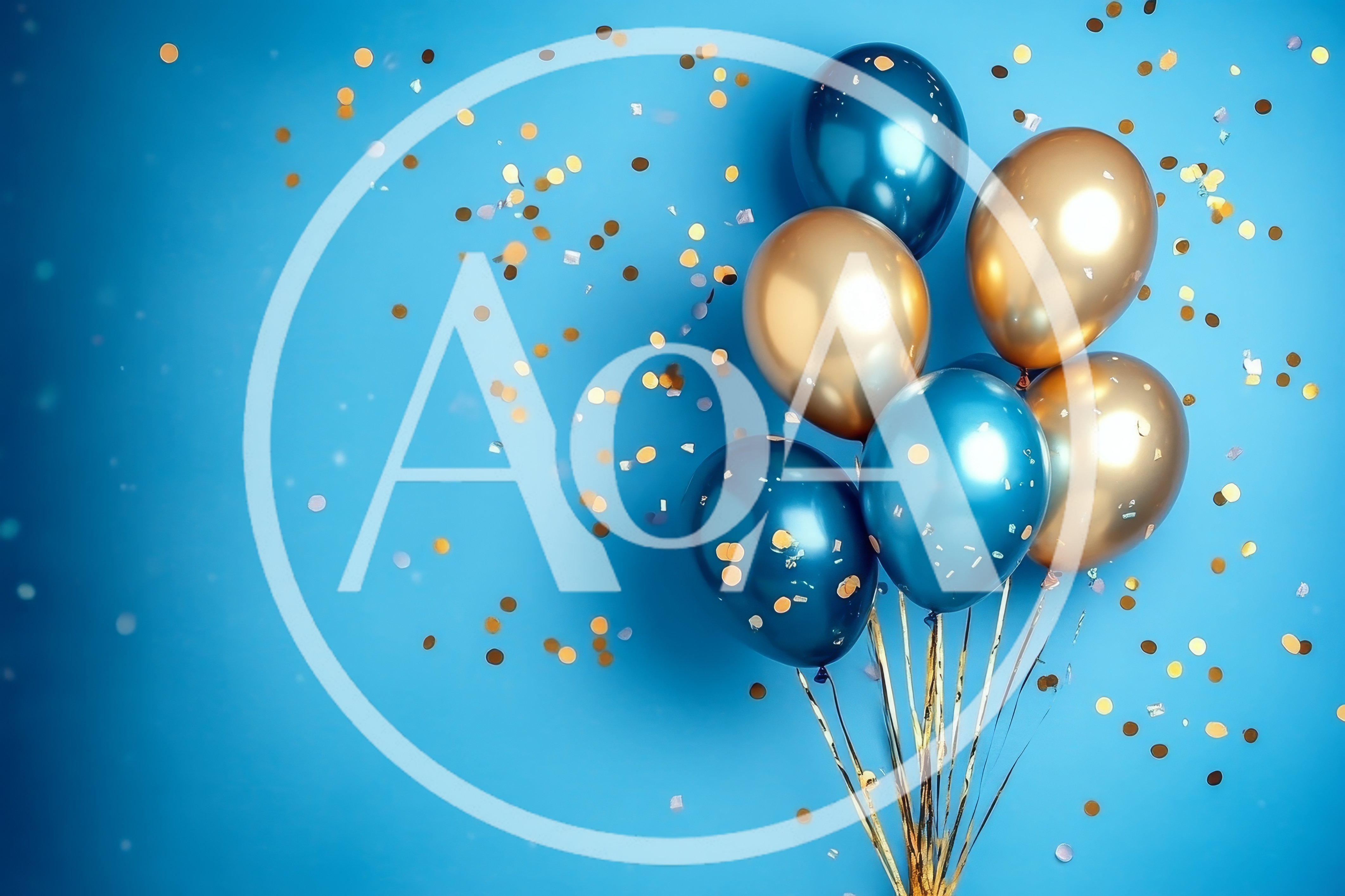 Blue and Gold Balloons with Confetti on Blue Background