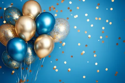 Festive Blue and Gold Balloon Bouquet with Confetti