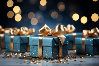 Blue Glitter Gift Boxes With Gold Ribbons