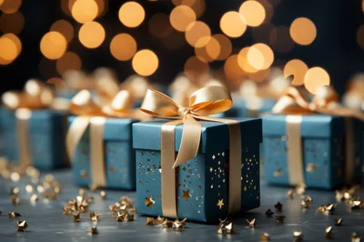 Blue Gift Boxes With Gold Ribbons And Star Confetti