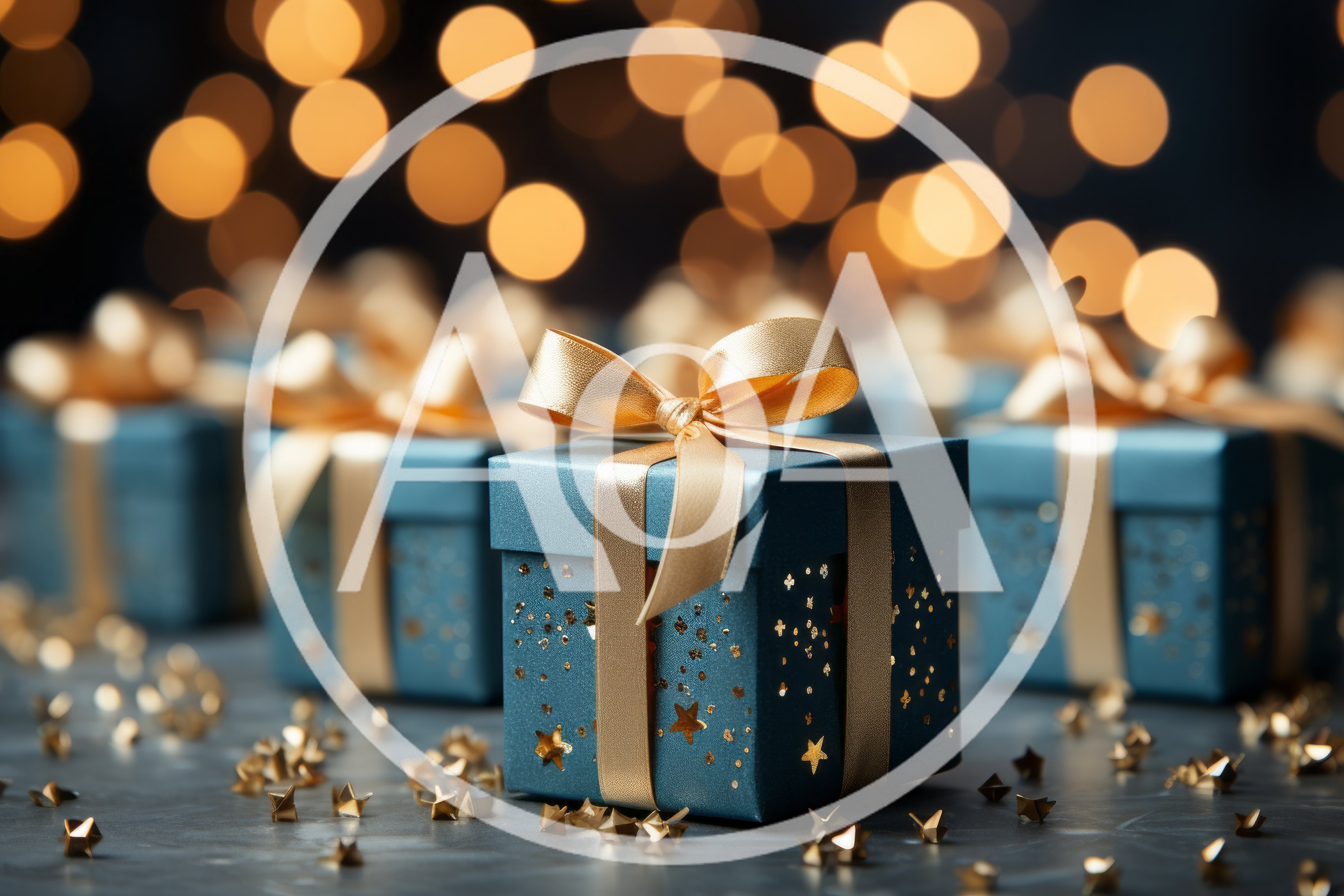 Blue Gift Boxes With Gold Ribbons And Star Confetti