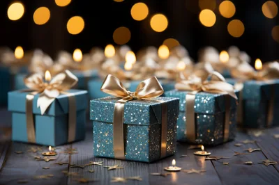 Teal Glitter Gift Boxes With Gold Ribbons