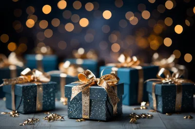 Dark Blue Gift Boxes With Gold Ribbons