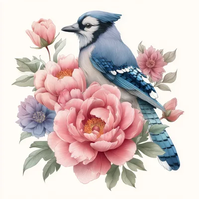 Blue Jay Perched Among Pink Peonies