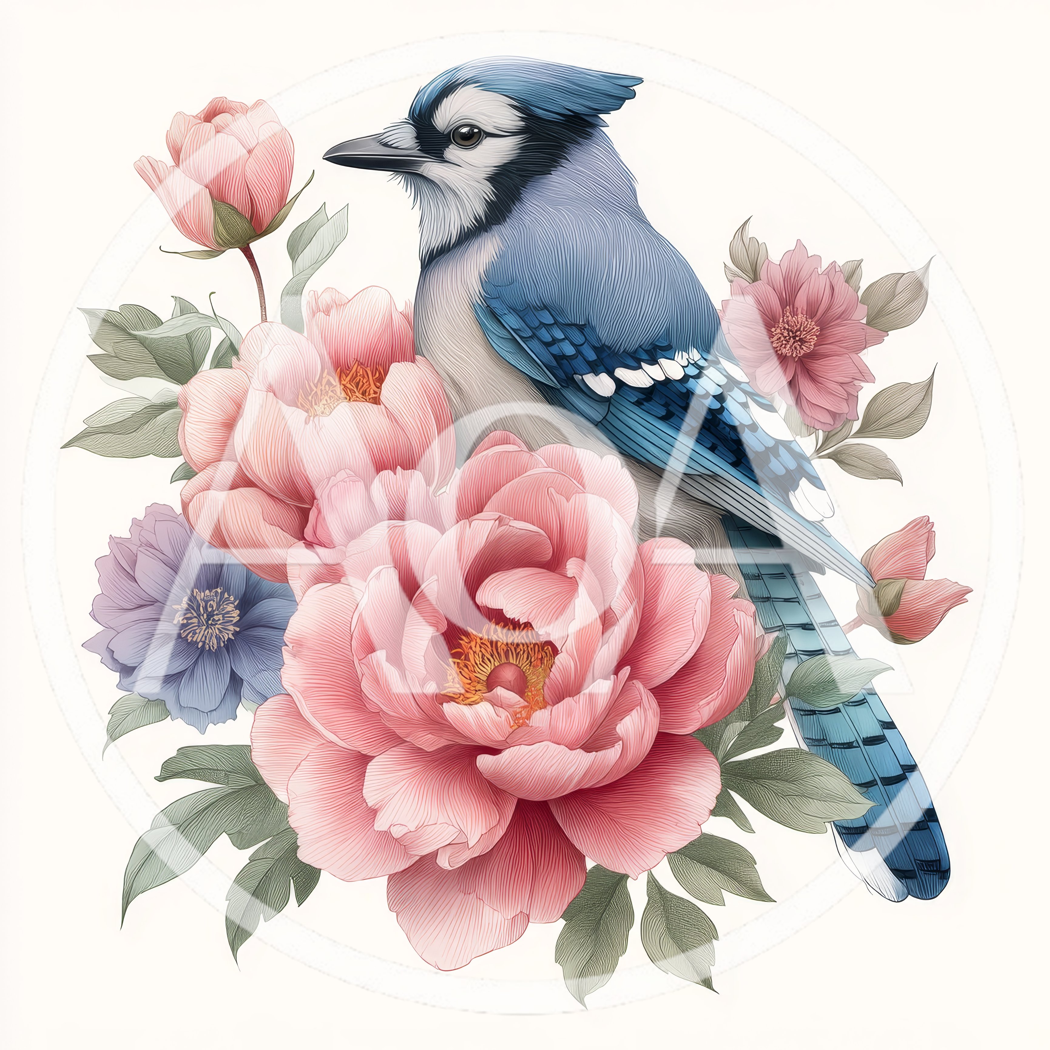 Blue Jay Perched Among Pink Peonies