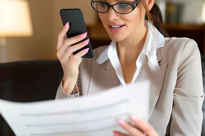 Businesswoman Reviewing Documents While Using Her Smartphone
