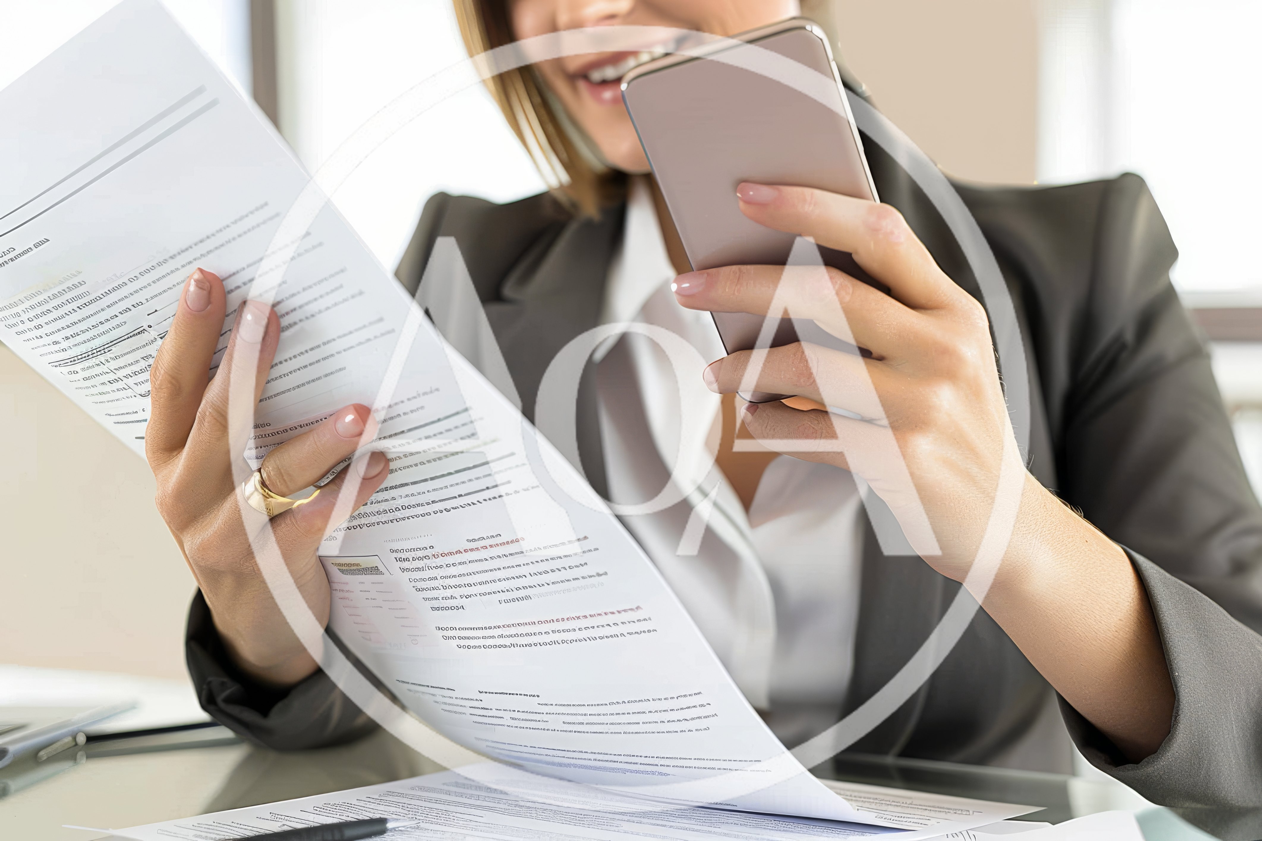 Businesswoman Scanning Document With Smartphone In Office