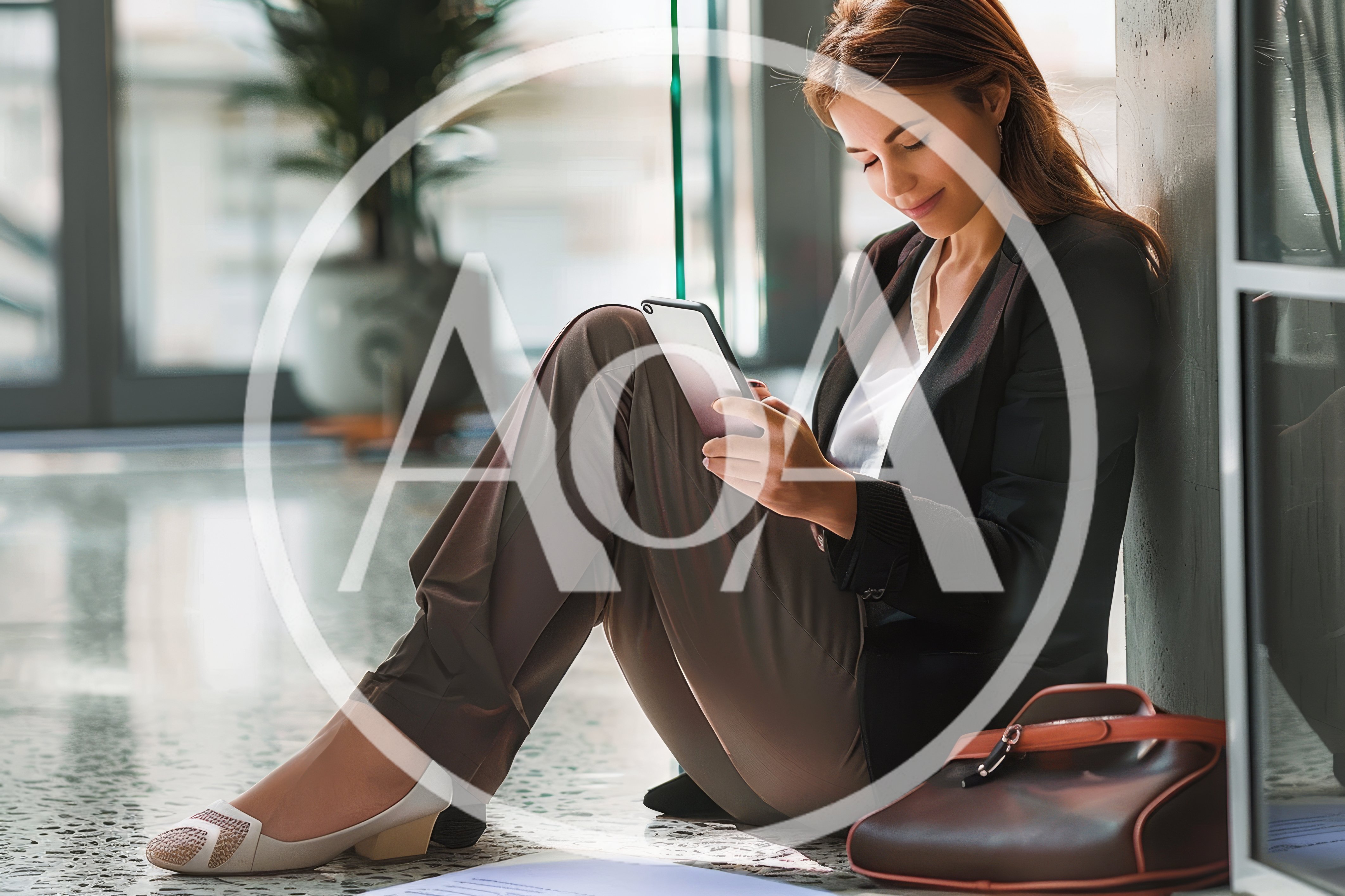 Businesswoman Sitting On Floor Using Digital Tablet