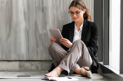 Businesswoman Sitting On Floor Using Digital Tablet