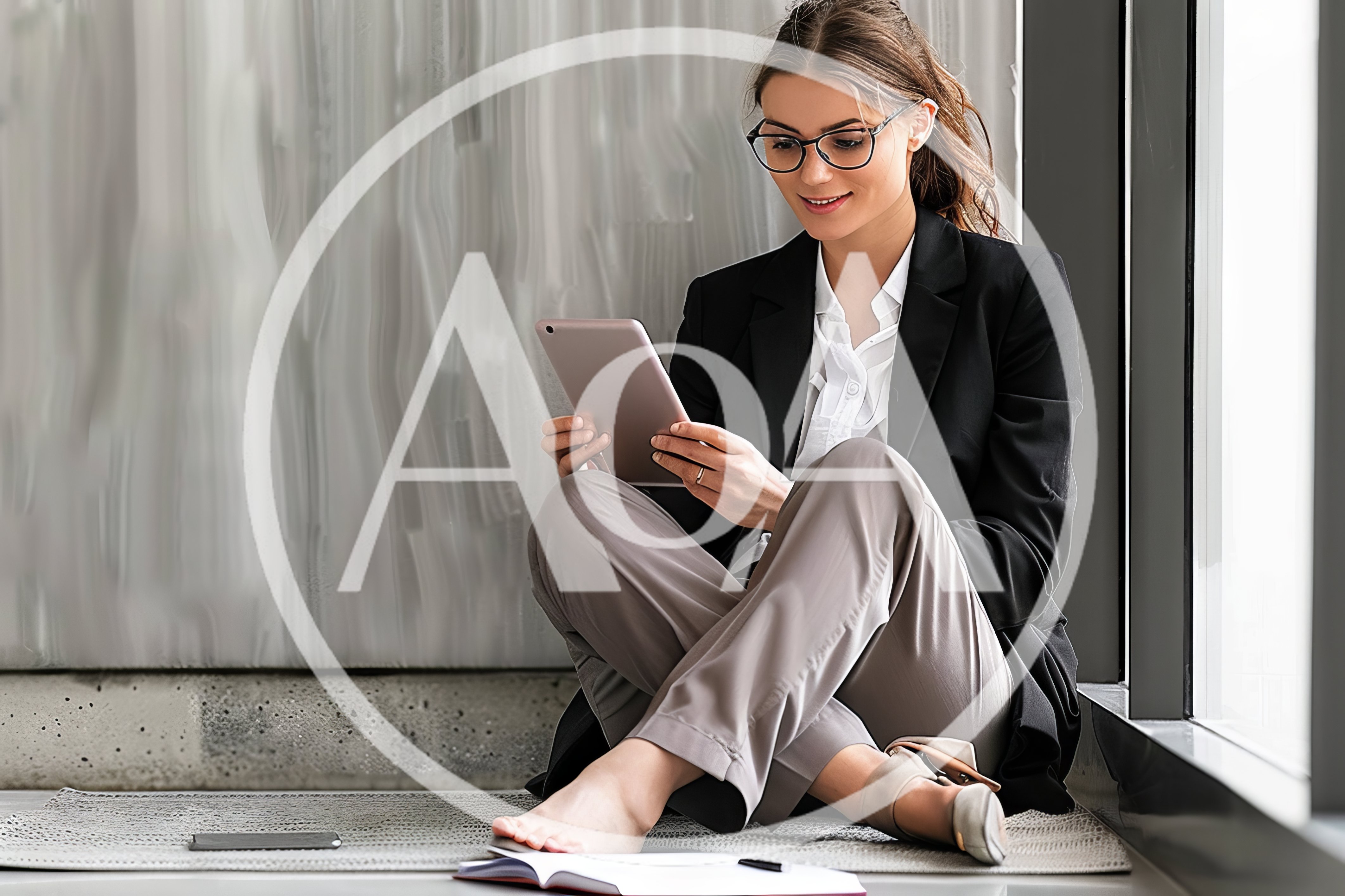 Businesswoman Sitting On Floor Using Digital Tablet