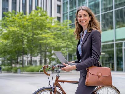 Businesswoman Using Laptop While Standing With Bicycle