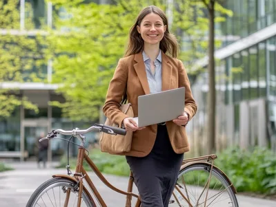 Professional Woman With Laptop And Bicycle Outdoors