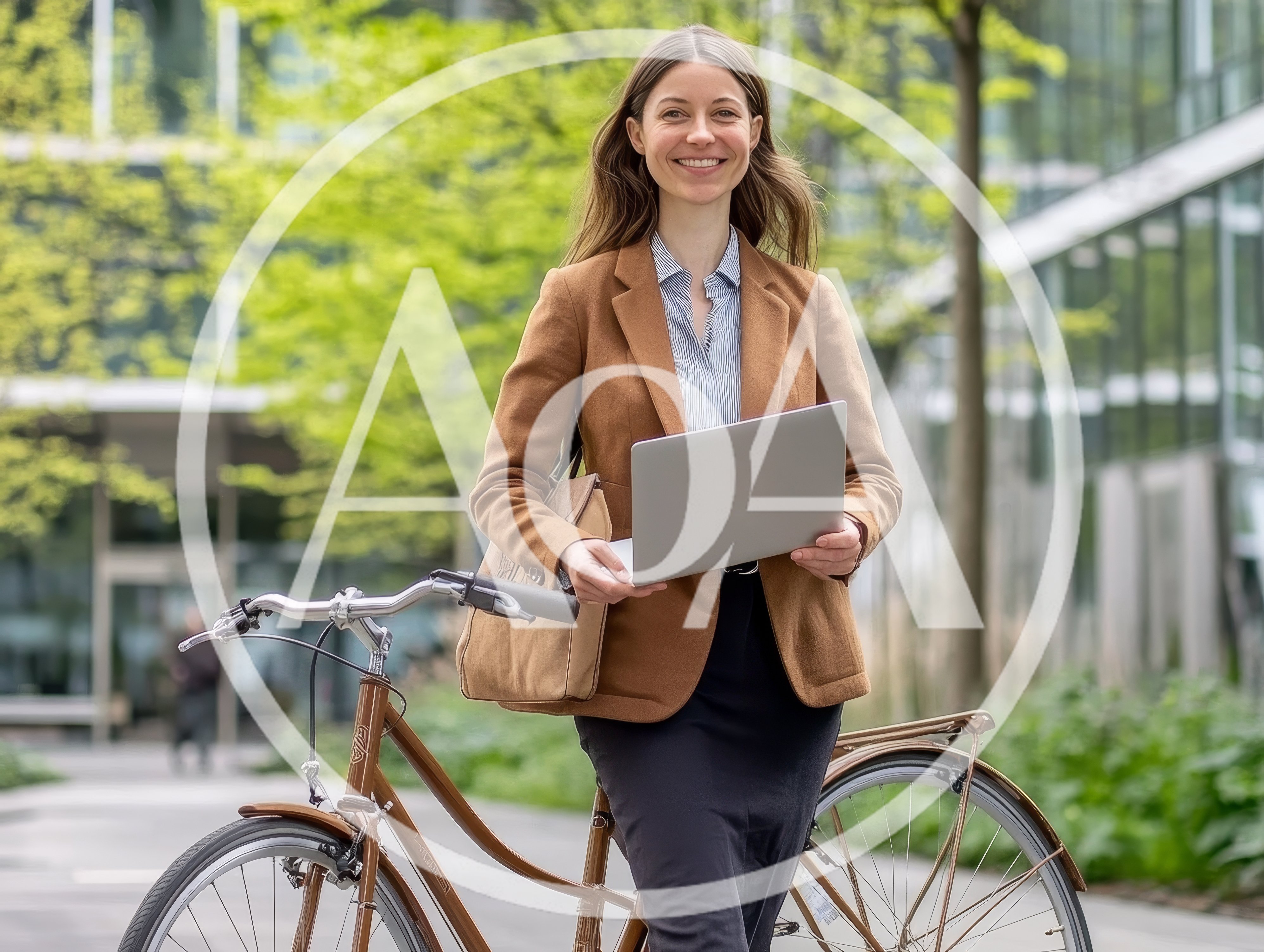 Professional Woman With Laptop And Bicycle Outdoors