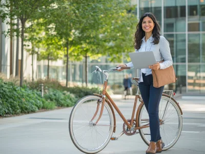 Professional Woman Standing With Bicycle And Laptop Outdoors