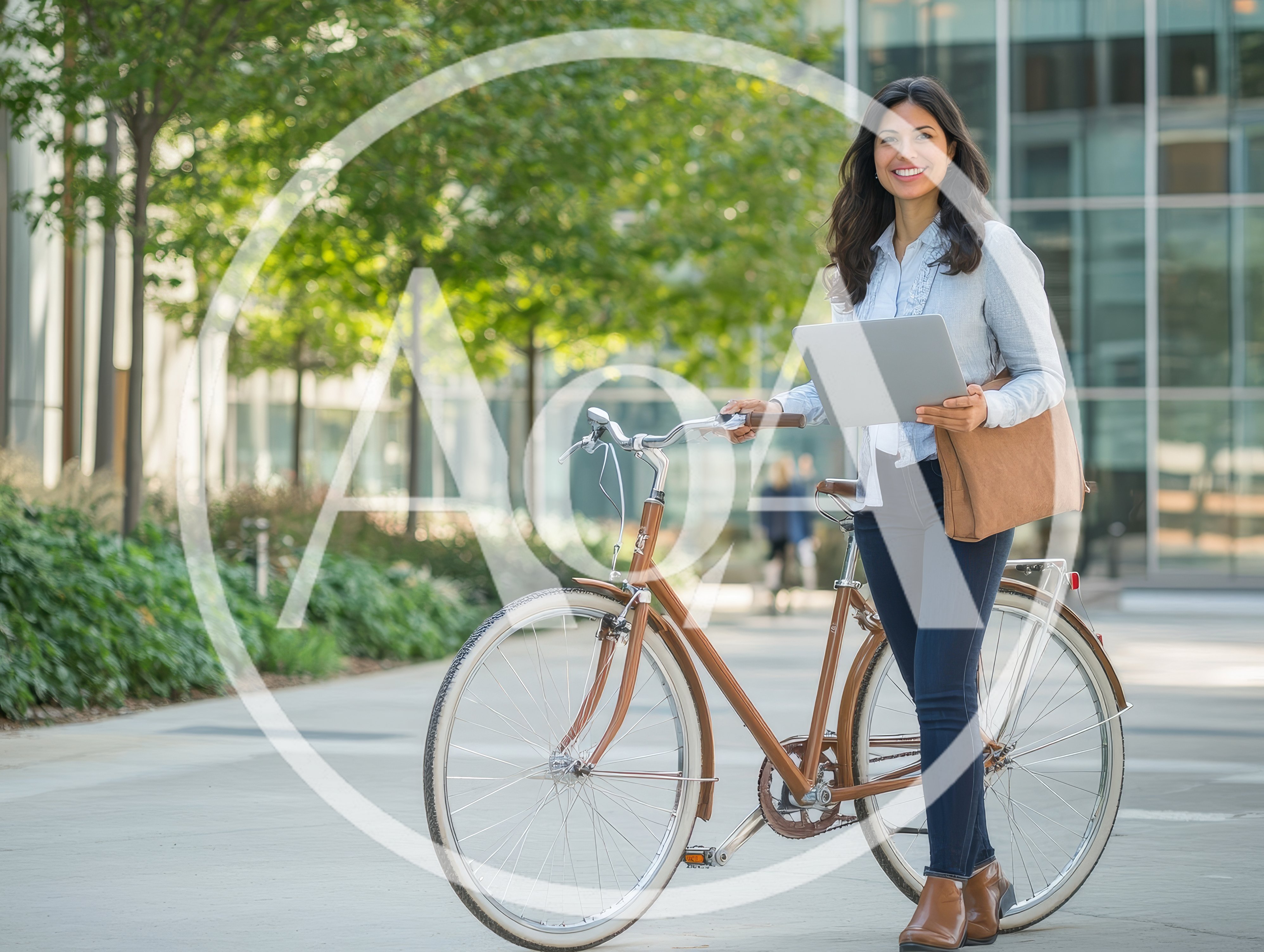 Professional Woman Standing With Bicycle And Laptop Outdoors