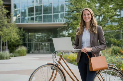 Professional Woman Standing With Bicycle And Laptop Outdoors