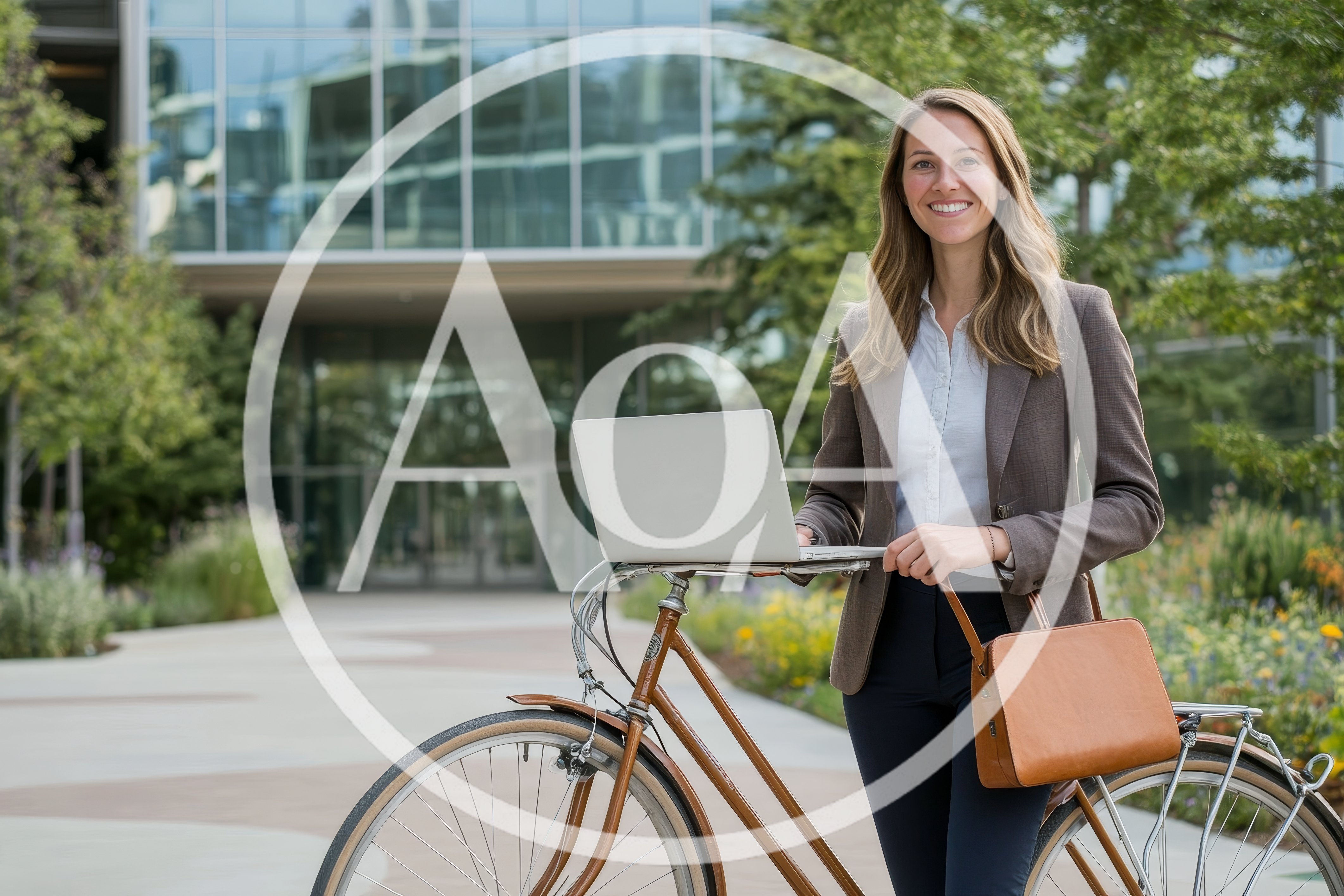 Professional Woman Standing With Bicycle And Laptop Outdoors