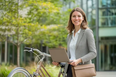 Professional Woman With Laptop And Bicycle Outdoors