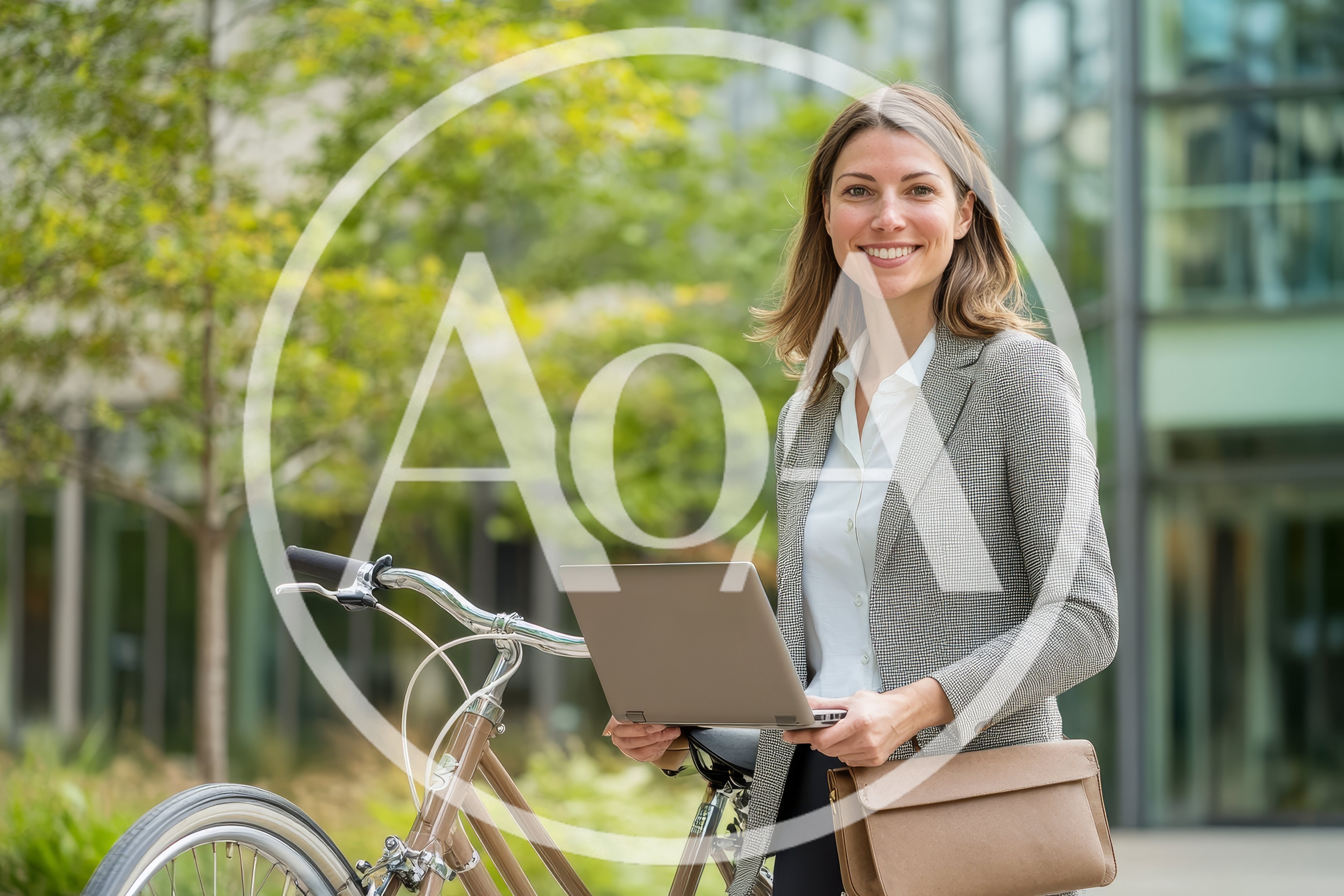 Professional Woman With Laptop And Bicycle Outdoors