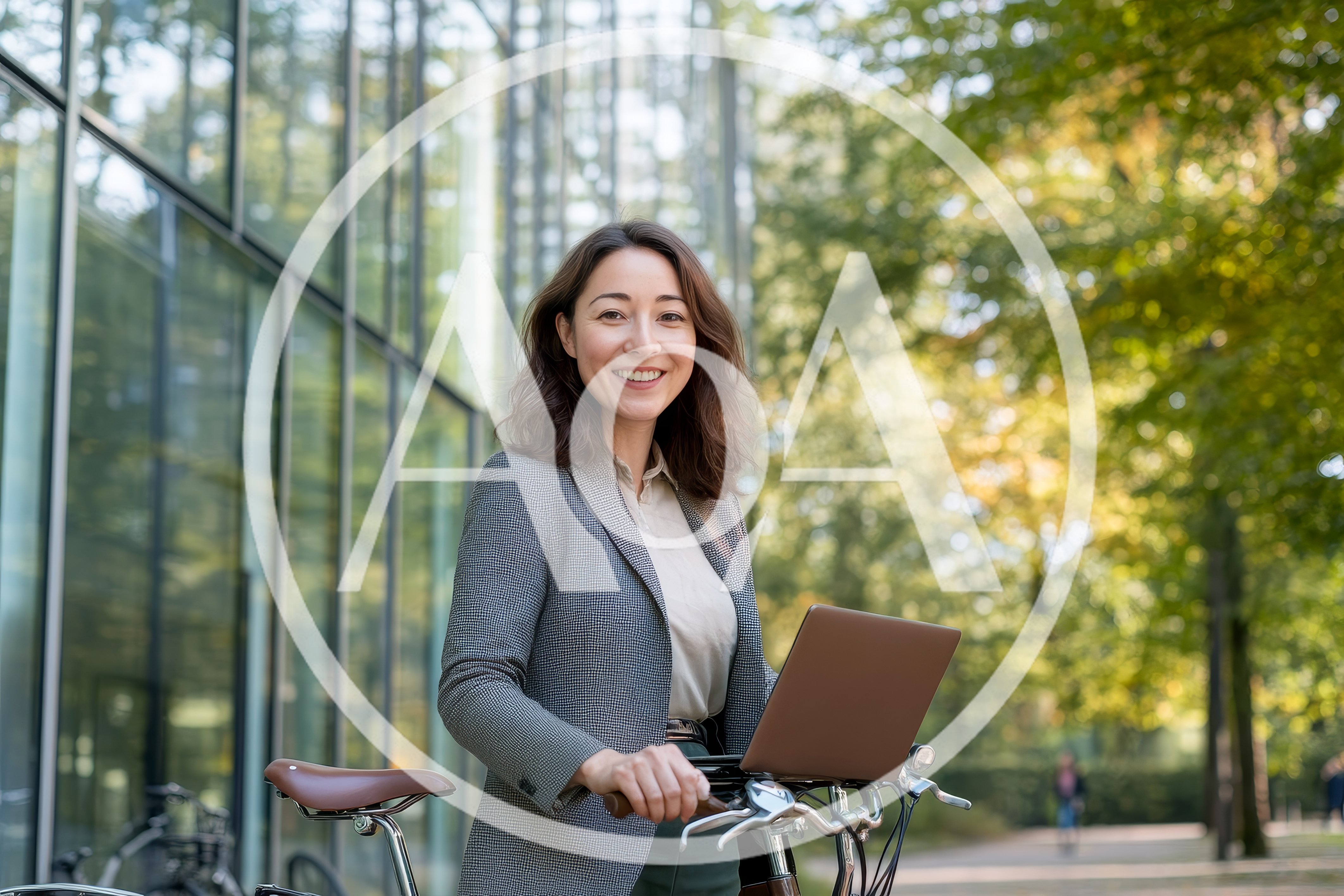 Professional Woman With Laptop And Bicycle Outdoors