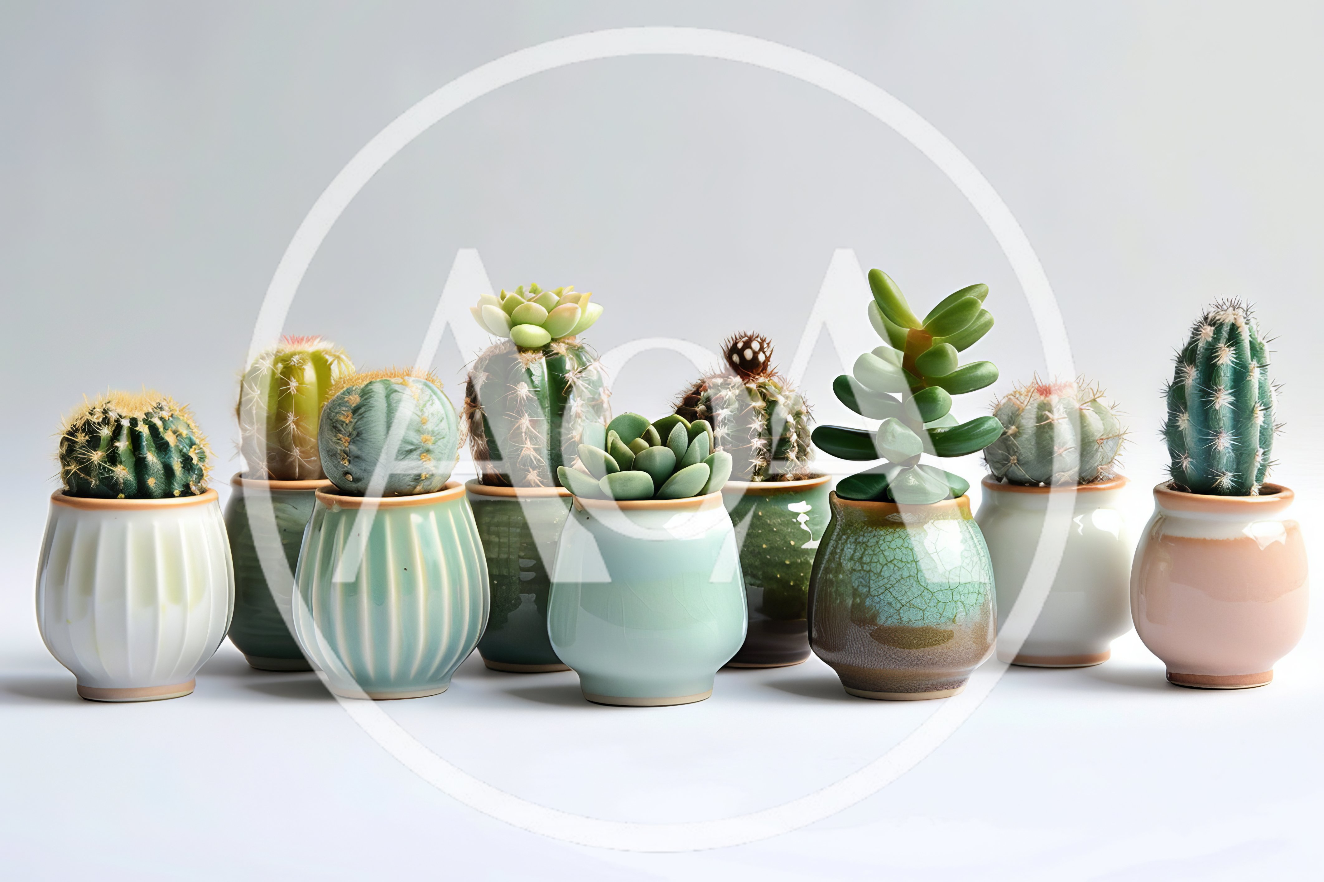 Collection Of Potted Succulents And Cacti On White Background