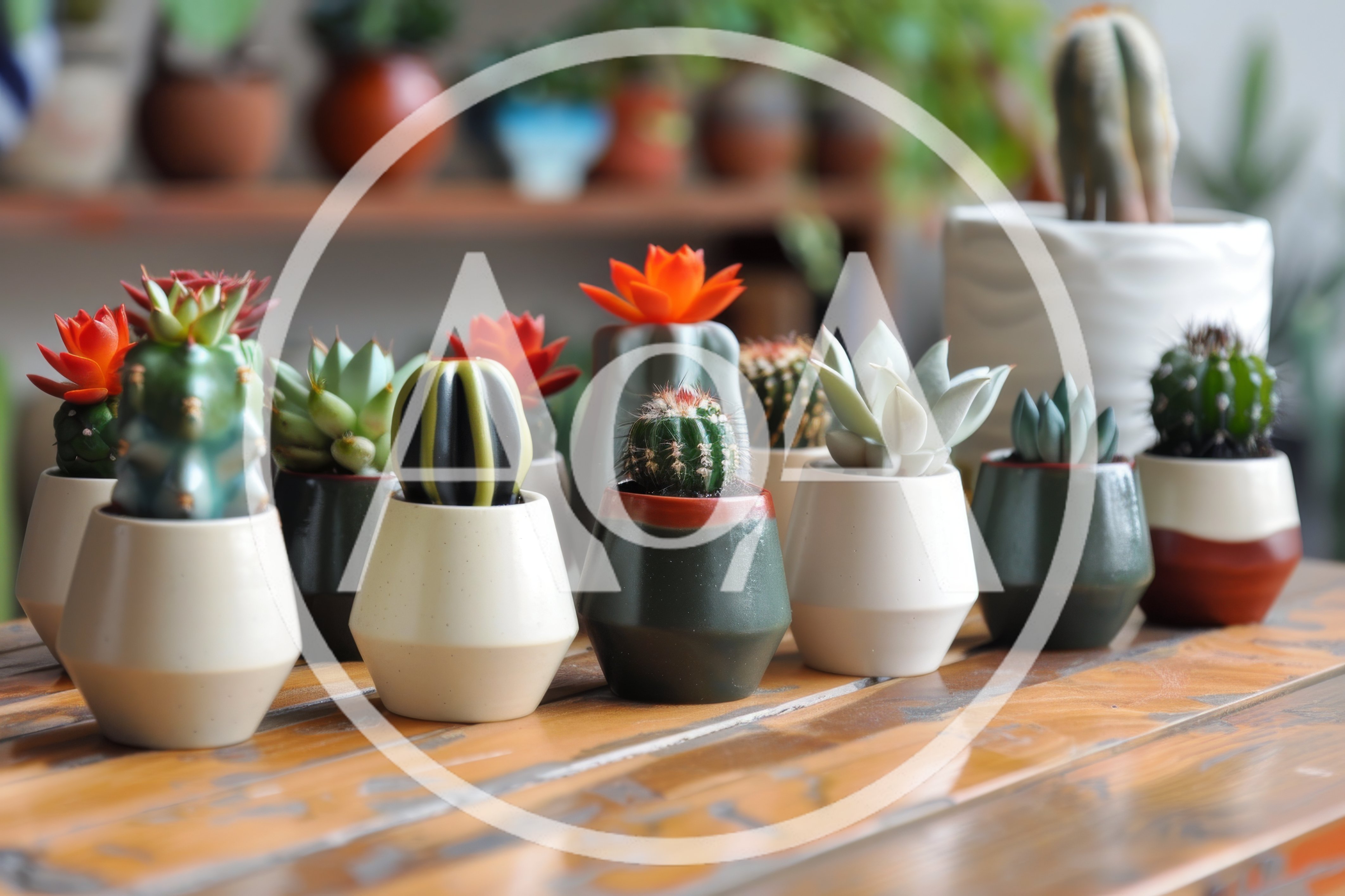 Collection Of Potted Succulents And Cacti On Wooden Table