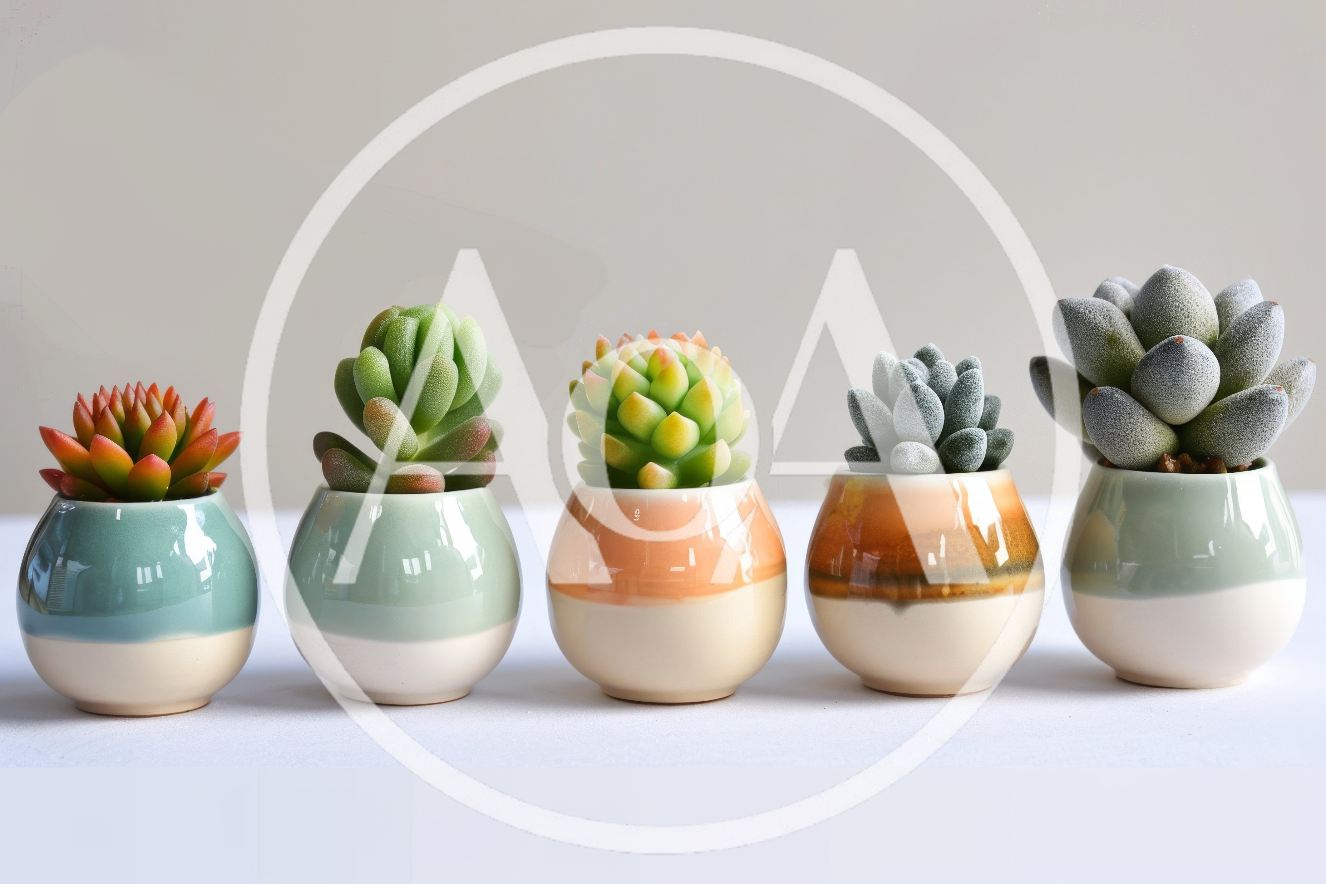 Five Potted Succulent Plants In Ceramic Vases
