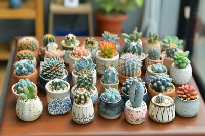 Collection Of Potted Succulents And Cacti On Wooden Table