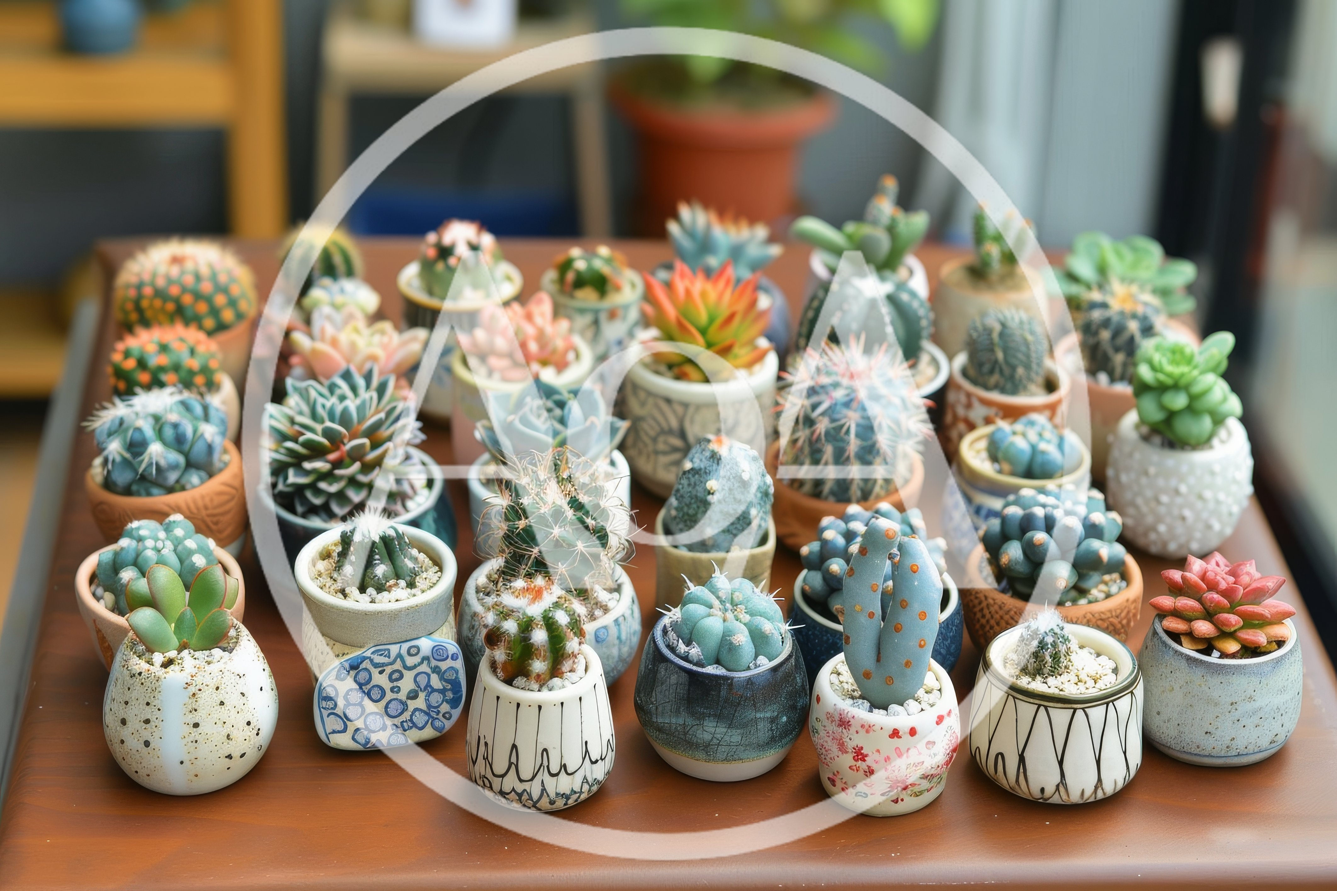 Collection Of Potted Succulents And Cacti On Wooden Table