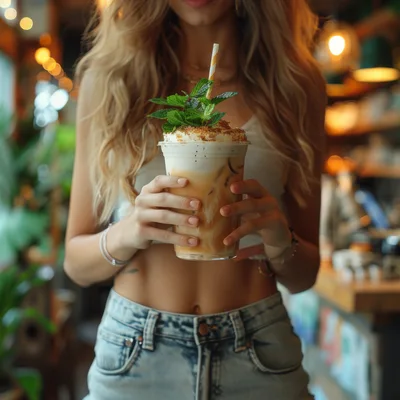 Young Woman Holding Iced Coffee Drink in Cafe