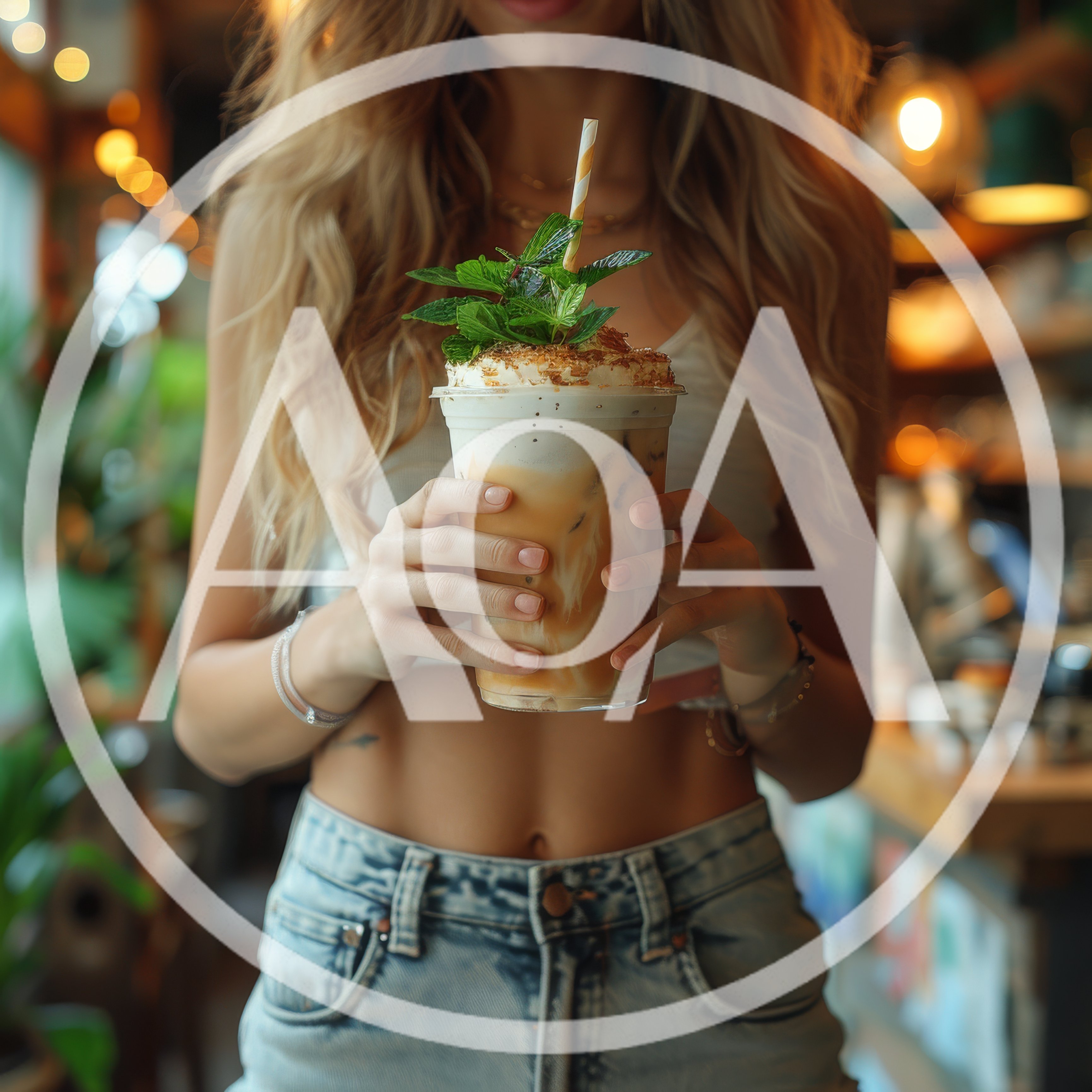 Young Woman Holding Iced Coffee Drink in Cafe