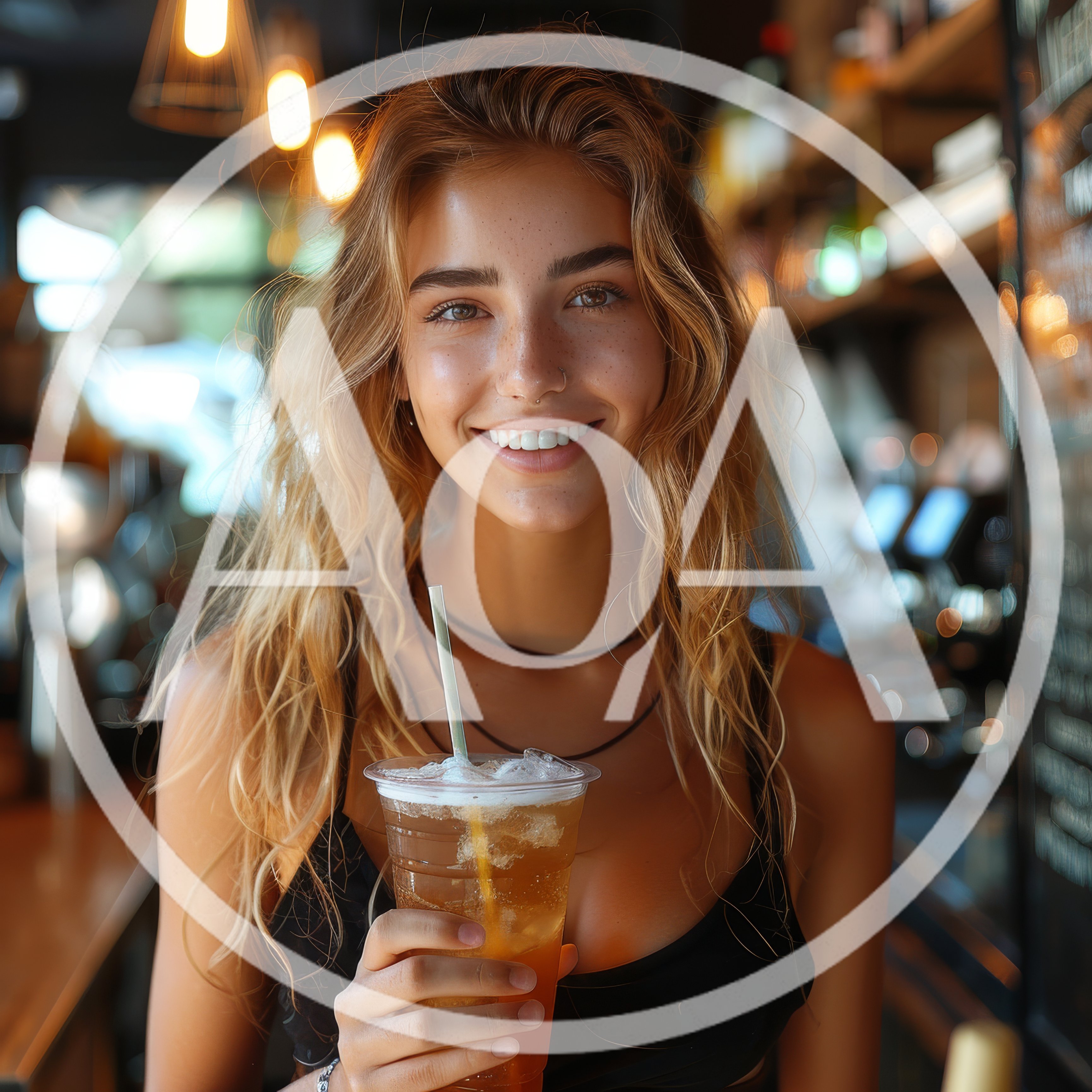 Young Woman Smiling While Holding Iced Drink In Cafe