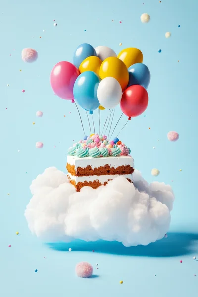 Floating Cake With Colorful Balloons On A Cloud
