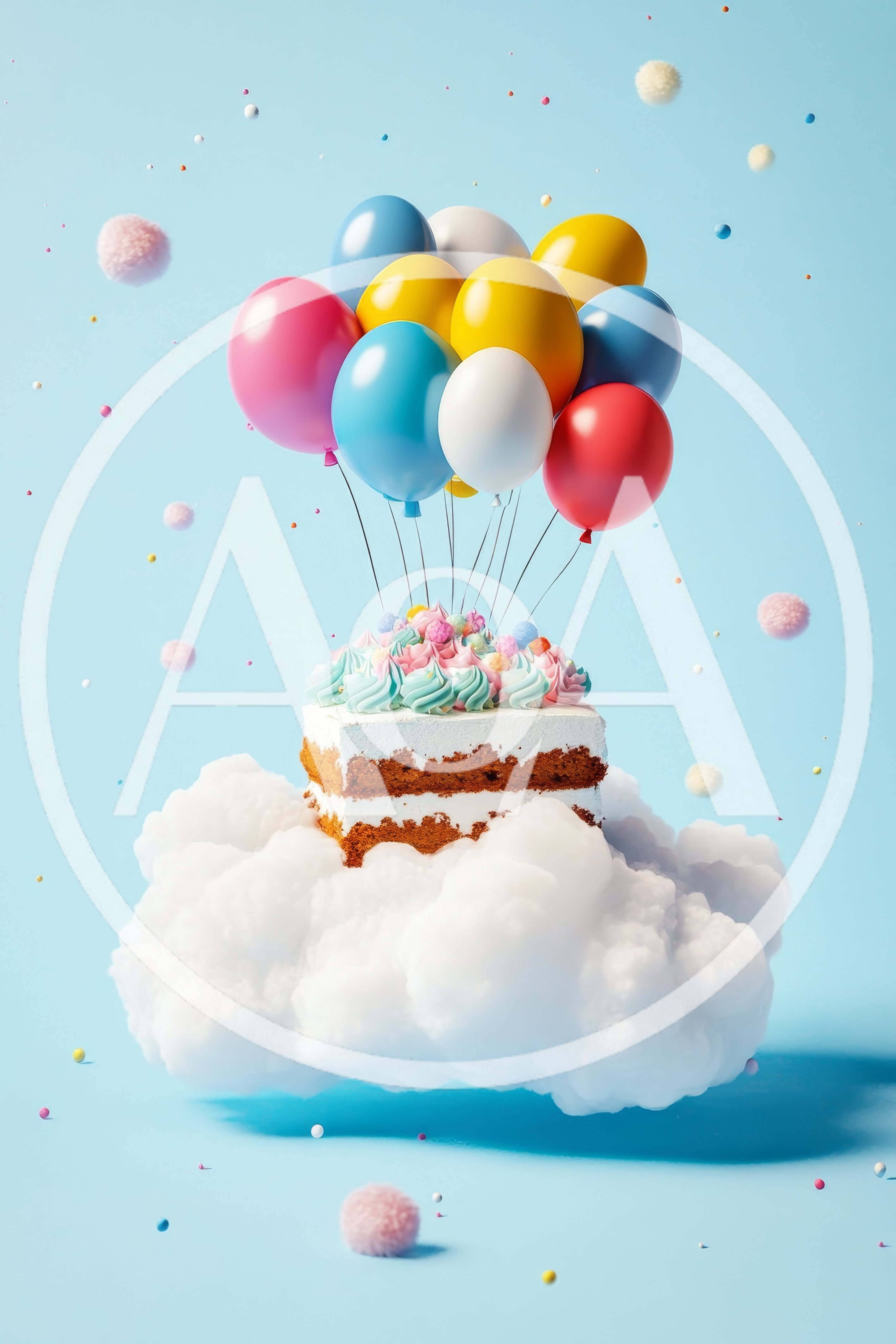 Floating Cake With Colorful Balloons On A Cloud