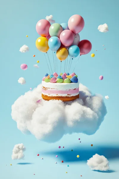 Layered Cake Floating on a Cloud with Balloons