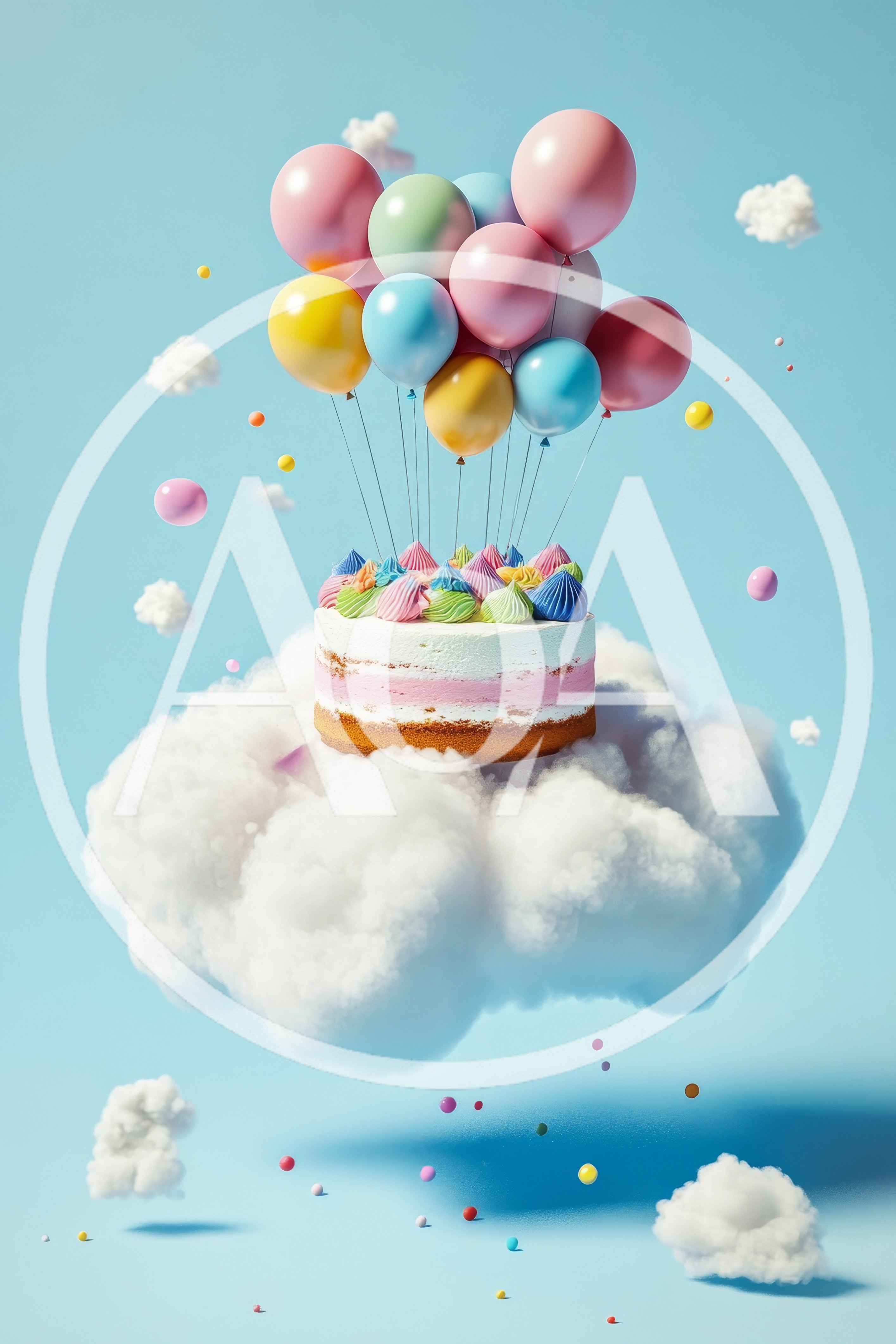 Layered Cake Floating on a Cloud with Balloons