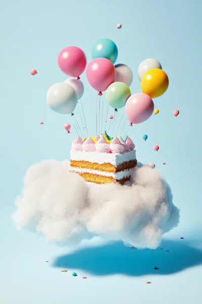 Square Layer Cake Floating on Cloud with Balloons