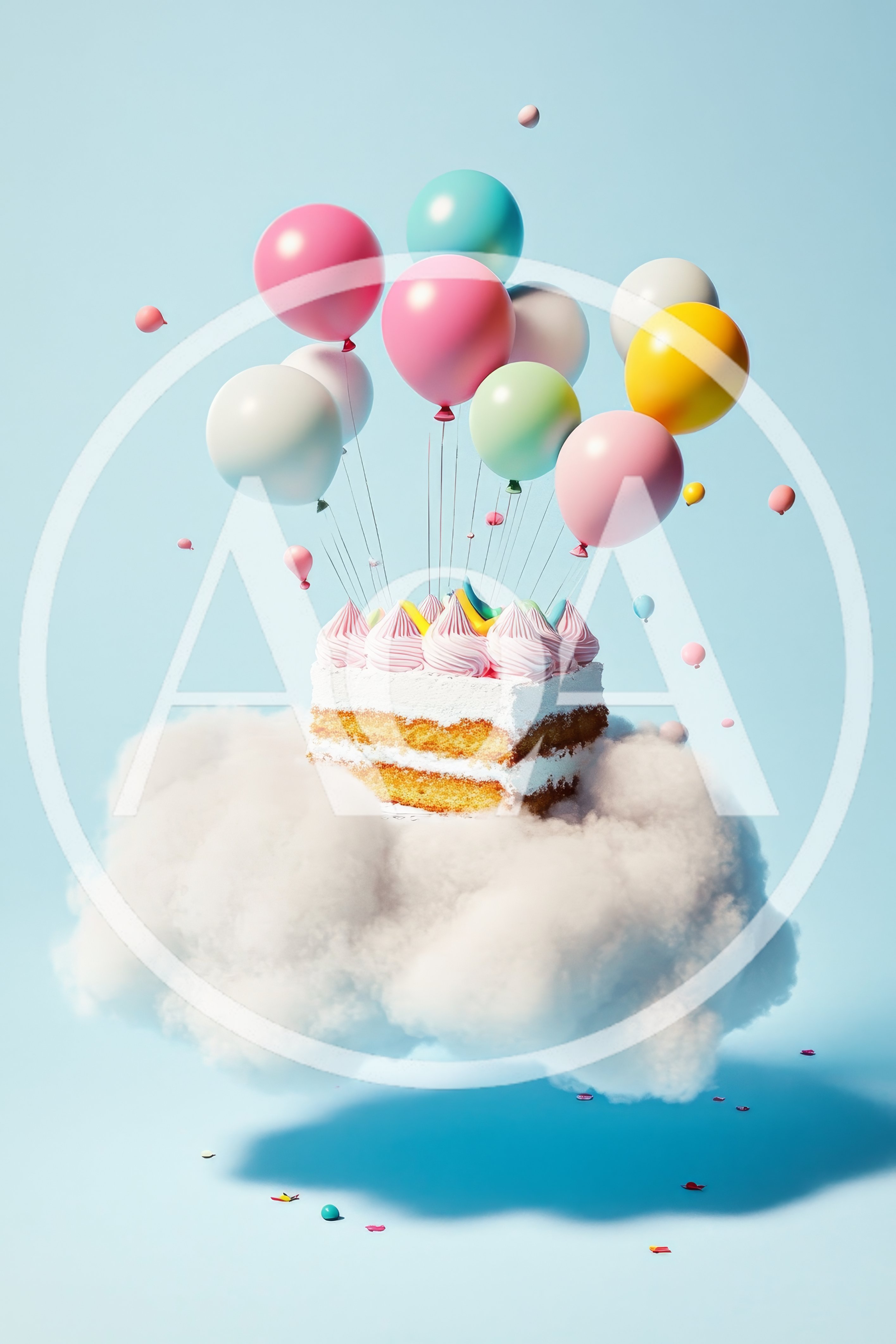 Square Layer Cake Floating on Cloud with Balloons